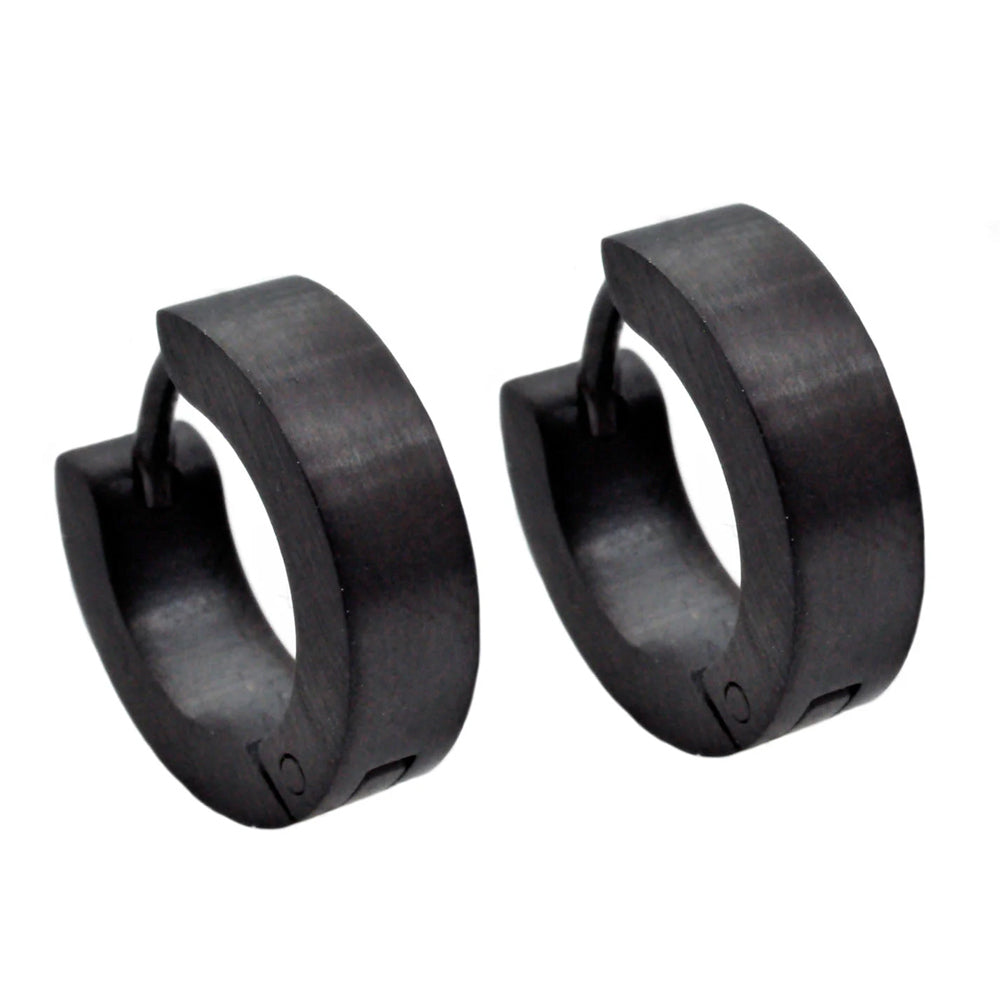 Mens 14mm Black Plated Stainless Steel Hoop Earrings