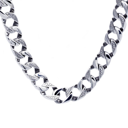 Mens 14mm Stainless Steel Pave Curb Link Chain Necklace