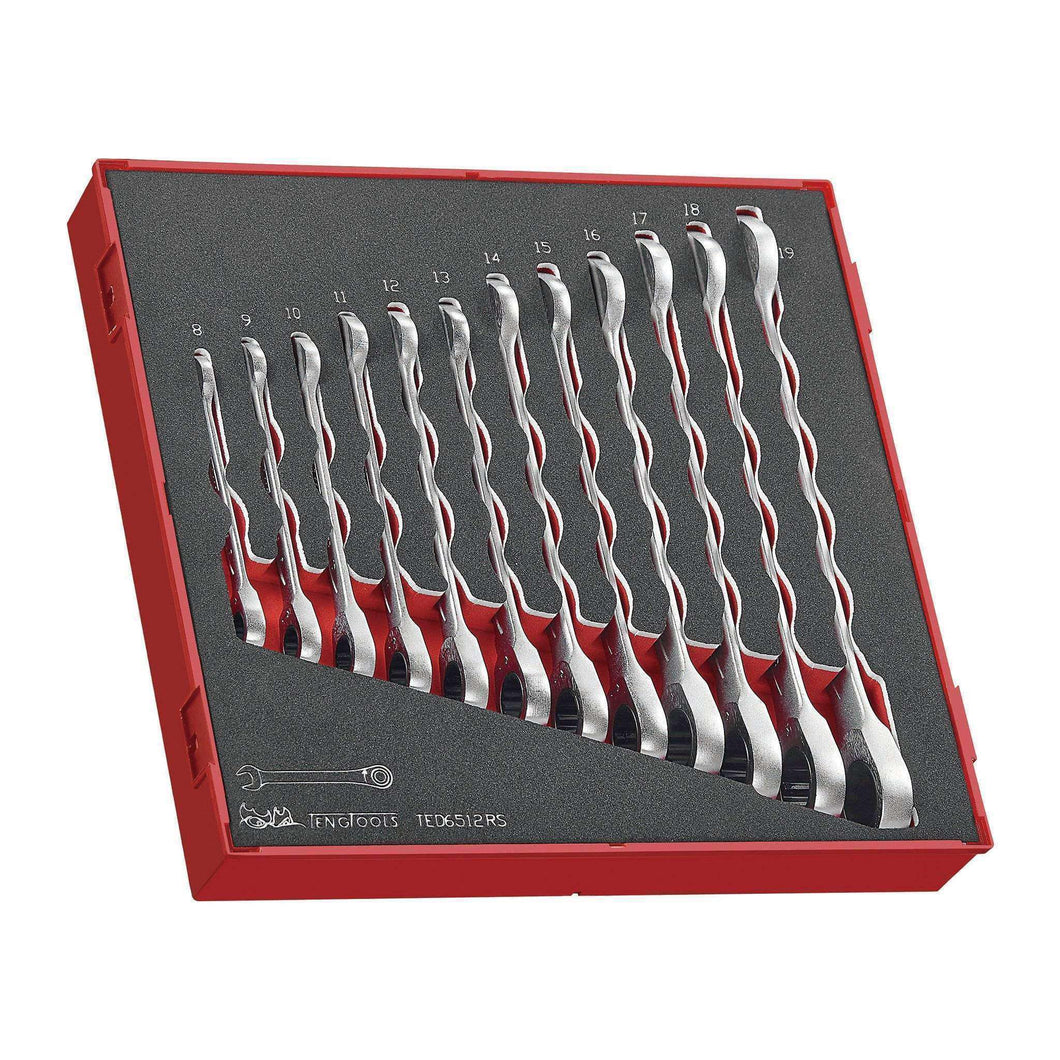 Teng Tools 12 Piece Ratcheting Combination Wrench Set In EVA/Foam Tray 8mm - 19mm - TED6512RS
