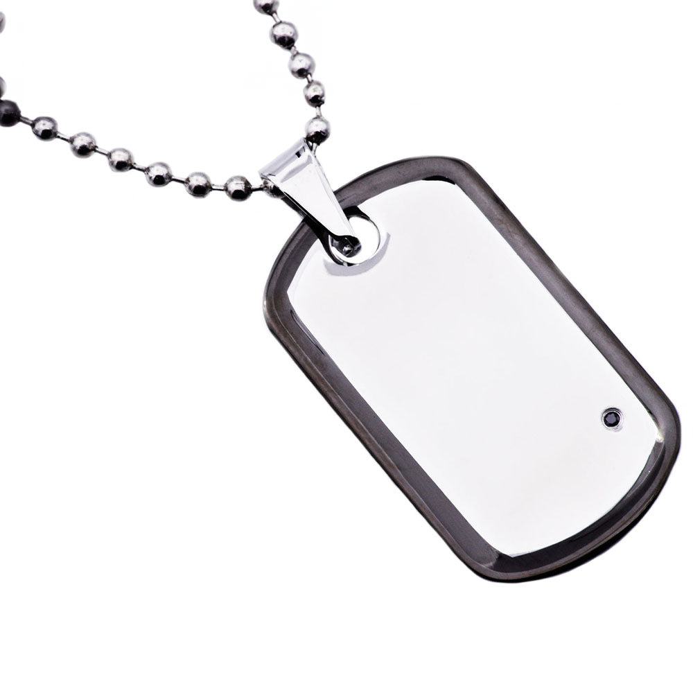 Mens Black Plated Stainless Steel Dog Tag Pendant Necklace With Black Cubic Zirconia