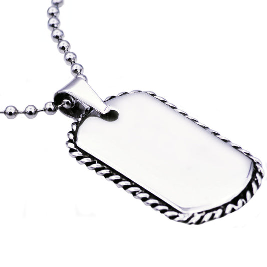 Mens Rope Border Stainless Steel Dog Tag Pendant Necklace