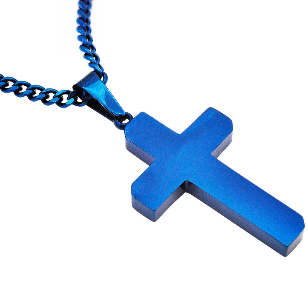 Men's Blue Stainless Steel Cross Pendant With 24" Blue Curb Chain