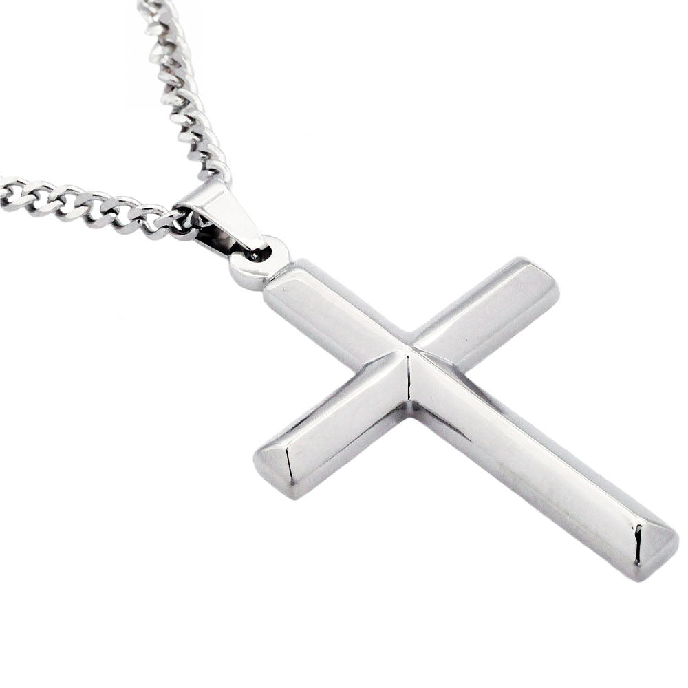 Mens Stainless Steel Cross Pendant With 24" Curb Chain