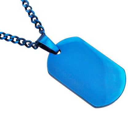 Mens Blue Plated Stainless Steel Engravable Dog Tag Pendant Necklace With 24" Blue Curb Chain