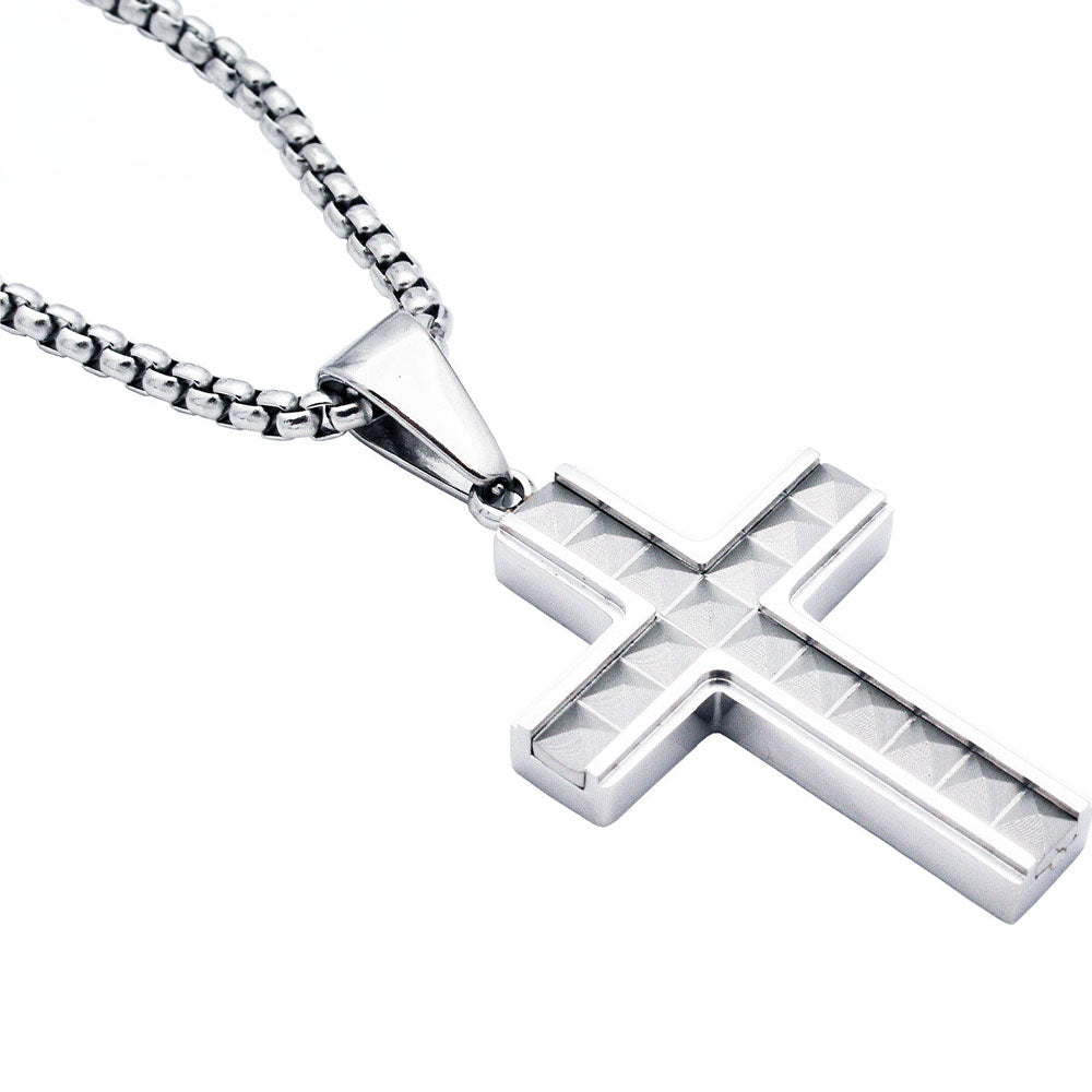 Mens Stainless Steel Cross Pendant With 24" Round Box Chain