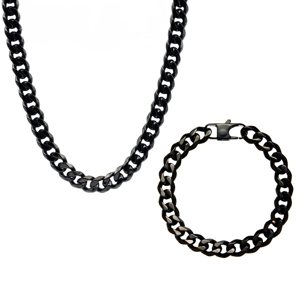 Mens 10mm Black Stainless Steel Curb Link Chain Set