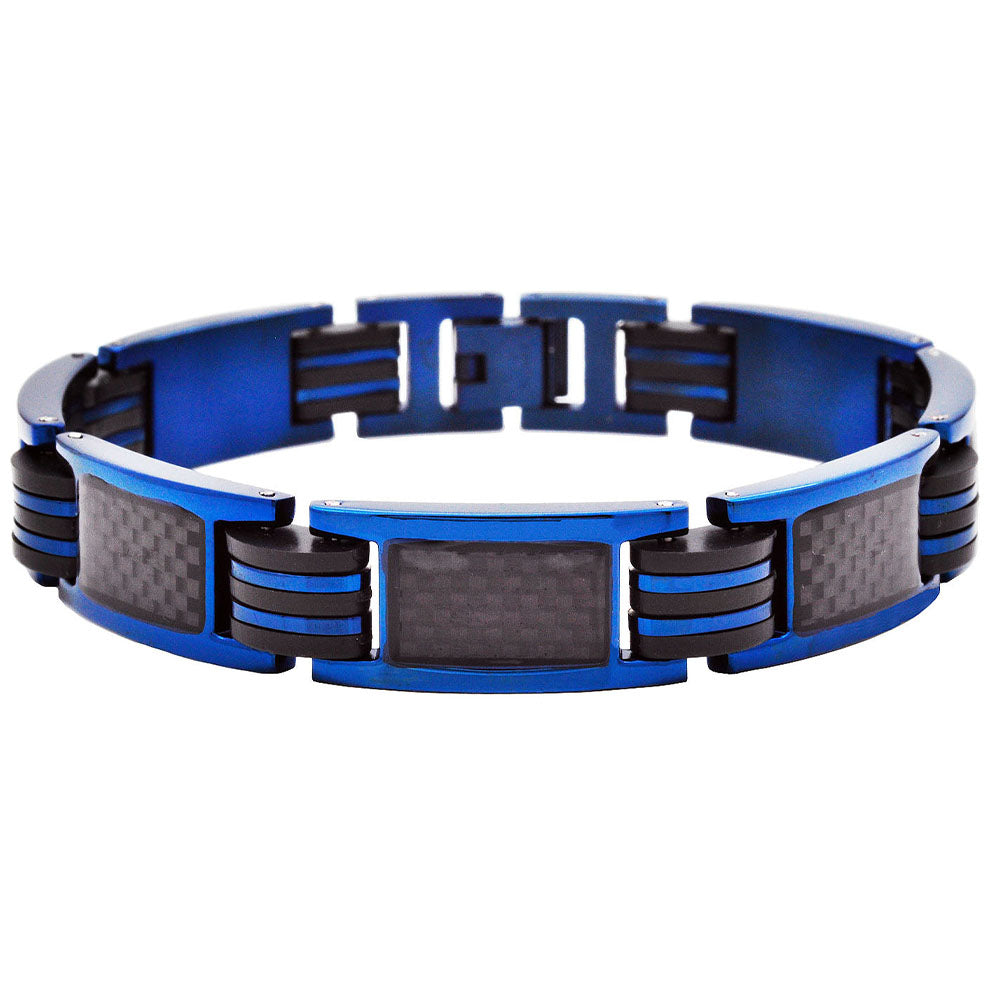 Men's Blue Stainless Steel & Silicone Bracelet With Black Carbon Fiber