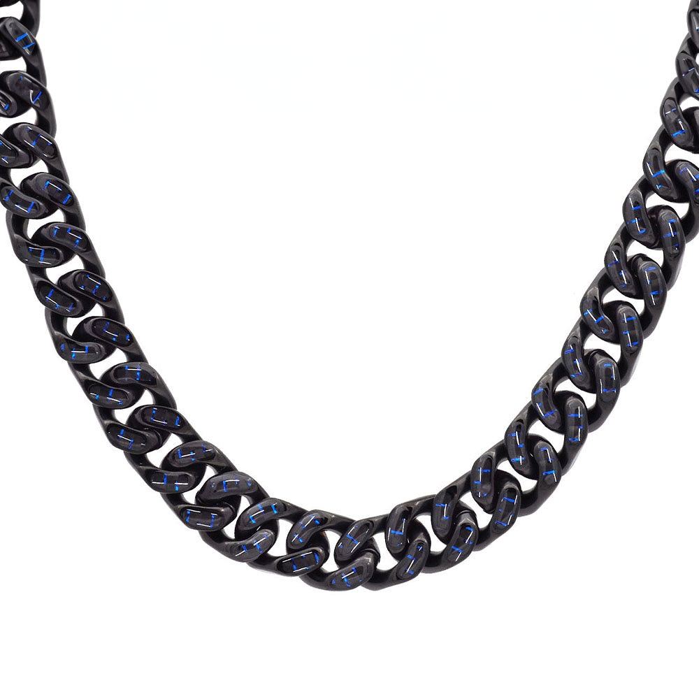 Men's 12mm Black Plated Stainless Steel Cuban Link Chain Necklace With Blue Carbon Fiber