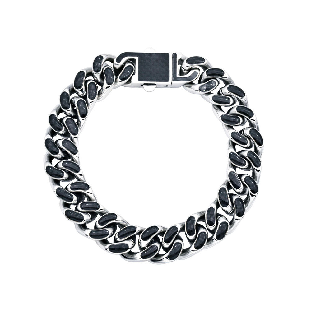 Men's 12mm Stainless Steel Cuban Link Chain Bracelet With Carbon Fiber