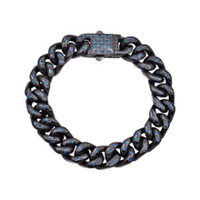 Load image into Gallery viewer, Men&#39;s 12mm Black Plated Stainless Steel Cuban Link Chain Bracelet With Blue Carbon Fiber
