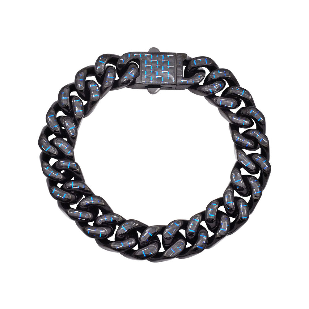 Men's 12mm Black Plated Stainless Steel Cuban Link Chain Bracelet With Blue Carbon Fiber