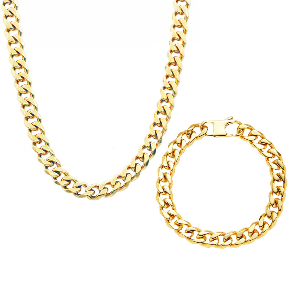 Mens 10mm Gold Stainless Steel Curb Link Chain Set